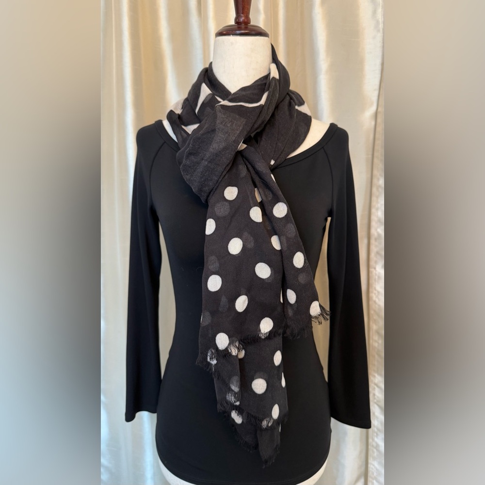 Kate Spade Joy Dot Oblong Scarf Large Black White Twill Lightweight Women's